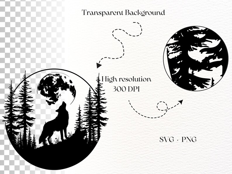 May include: Black and white silhouette of a wolf howling at the moon in a forest. The wolf is standing on a hill with trees behind it. The moon is full and bright. The image is in a circle.