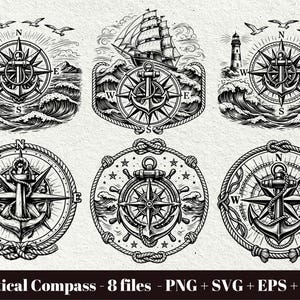 May include: Black and white nautical-themed illustrations featuring compasses, anchors, ships, and a lighthouse. Designs include detailed wave patterns, rope borders, and flying birds. The text "Nautical Compass - 8 files" is at the bottom.