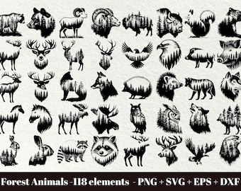 May include: A collection of 118 black and white forest animal silhouette illustrations. Each animal is depicted with a forest scene inside its silhouette. The animals include a bear, deer, wolf, owl, moose, raccoon, squirrel, and more.