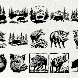 May include: A collection of black and white illustrations featuring wild boars in various poses, including a boar with its head raised, a boar with its head down, and a boar with its mouth open. Some illustrations feature a mountain landscape in the background.