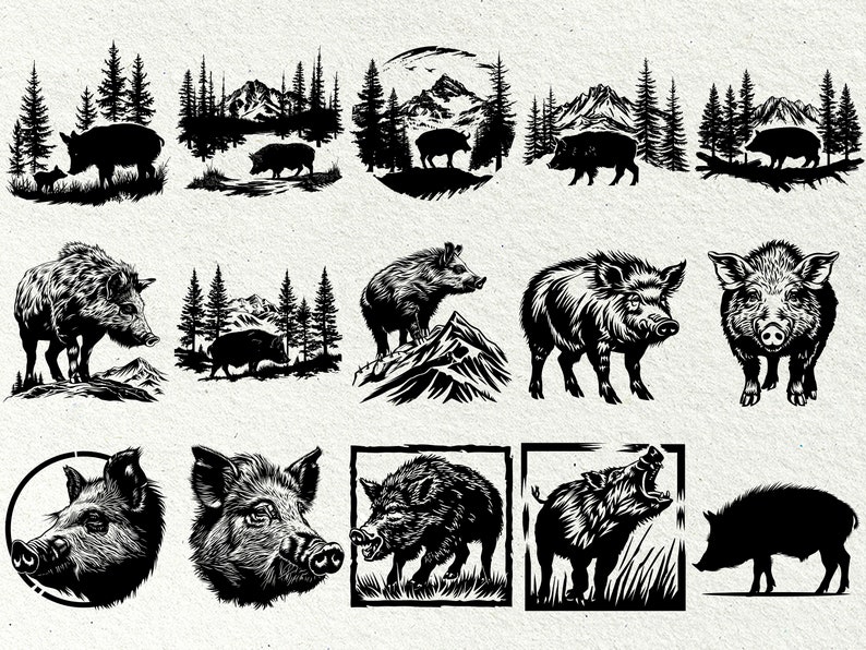 May include: A collection of black and white illustrations featuring wild boars in various poses, including a boar with its head raised, a boar with its head down, and a boar with its mouth open. Some illustrations feature a mountain landscape in the background.