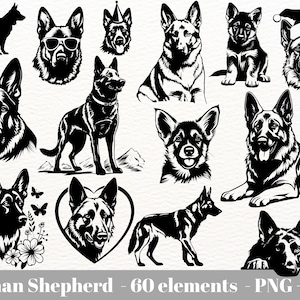 May include: A collection of black and white silhouette illustrations of German Shepherd dogs in various poses, including standing, sitting, lying down, and looking up. The illustrations are perfect for use in crafting projects, digital designs, or as clipart.