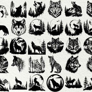 May include: A collection of 25 black and white wolf silhouette illustrations. The wolves are depicted in various poses, including howling, running, and standing. Some of the illustrations feature a full moon, trees, and other forest elements.
