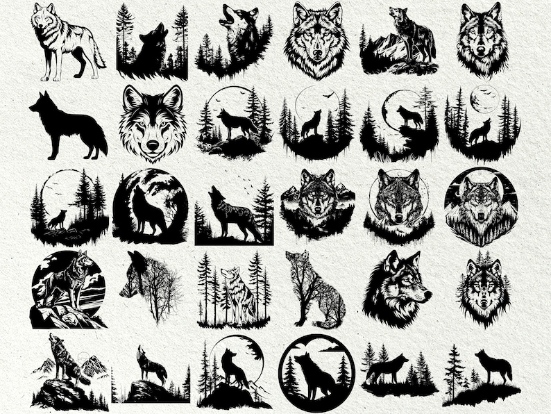 May include: A collection of 25 black and white wolf silhouette illustrations. The wolves are depicted in various poses, including howling, running, and standing. Some of the illustrations feature a full moon, trees, and other forest elements.