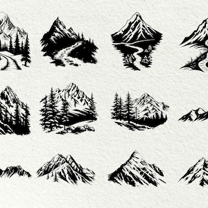 May include: A collection of twelve black and white mountain illustrations. Each design features a different mountain scene, including trails, trees, and varying mountain shapes. The illustrations are detailed and suitable for outdoor-themed products.