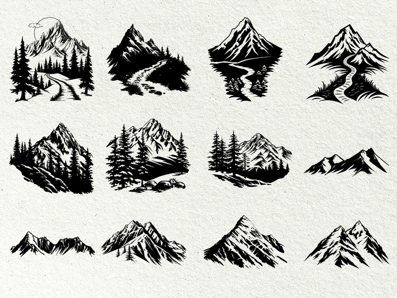 May include: A collection of twelve black and white mountain illustrations. Each design features a different mountain scene, including trails, trees, and varying mountain shapes. The illustrations are detailed and suitable for outdoor-themed products.