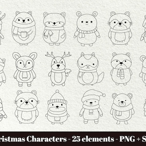 Puede incluir: Un conjunto de 25 dibujos en blanco y negro de personajes navideños lindos. Los personajes son animales que usan gorros de invierno y bufandas. Los animales incluyen renos, mapaches, zorros, osos y erizos.