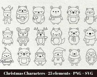 Könnte beinhalten: Ein Set mit 25 Schwarzweiß-Zeichnungen von niedlichen Weihnachtsfiguren. Die Figuren sind Tiere, die Wintermützen und Schals tragen. Zu den Tieren gehören Rentiere, Waschbären, Füchse, Bären und Igel.