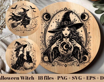 Puede incluir: Tres diseños circulares de madera con ilustraciones en tinta negra de brujas. Uno muestra una bruja volando en escoba, otro una bruja con gato y calabaza, y el mayor una bruja con bola de cristal. Texto: Halloween Witch - 18 files - PNG + SVG + EPS + DXF.