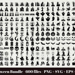 Pode incluir: Uma coleção de 600 gráficos de silhuetas pretas com temas de Halloween, incluindo bruxas, fantasmas, abóboras, morcegos, gatos, esqueletos, casas assombradas e várias frases como Trick or Treat e Happy Halloween.