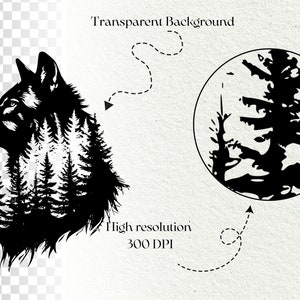 May include: Black and white silhouette of a wolf's head with a forest inside. The wolf's head is facing to the right. The forest is made up of pine trees. The image has a transparent background.