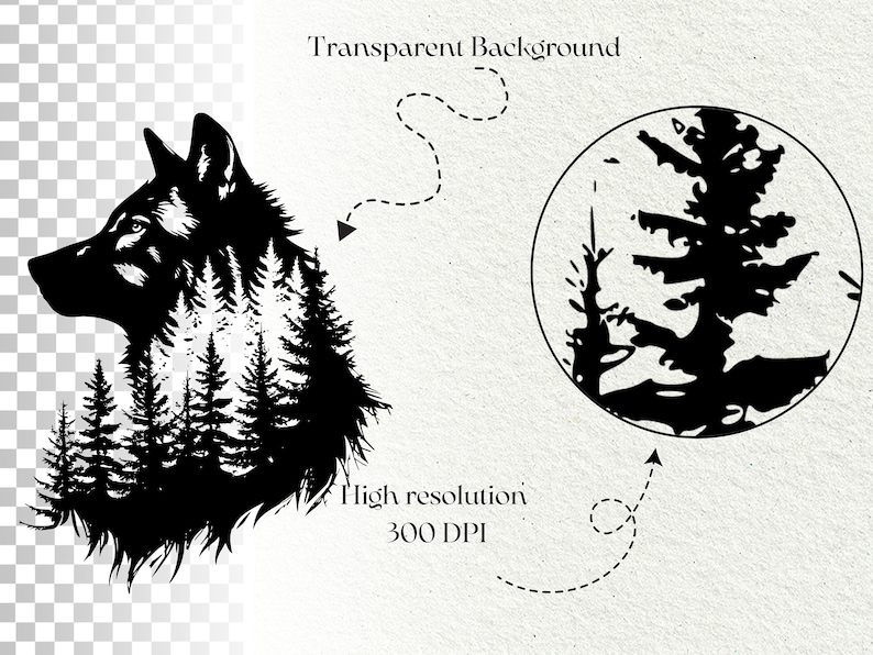 May include: Black and white silhouette of a wolf's head with a forest inside. The wolf's head is facing to the right. The forest is made up of pine trees. The image has a transparent background.