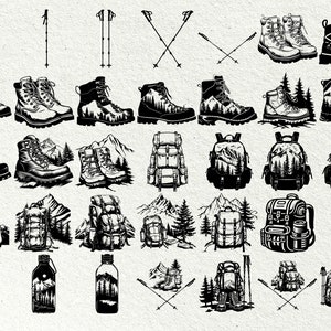 May include: Black and white illustrations of hiking gear, including hiking boots, backpacks, water bottles, and trekking poles. The boots and water bottles feature mountain and forest designs. The image is suitable for outdoor and adventure themes.