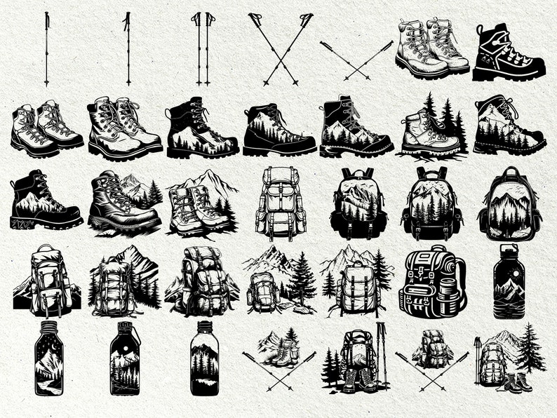 May include: Black and white illustrations of hiking gear, including hiking boots, backpacks, water bottles, and trekking poles. The boots and water bottles feature mountain and forest designs. The image is suitable for outdoor and adventure themes.