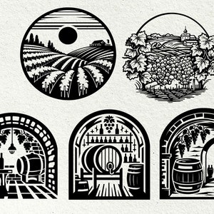 Op de afbeelding: Zwart-wit illustraties van wijnmaaksc&egrave;nes. De eerste afbeelding toont een wijngaard met een boerderij in de verte. De tweede afbeelding toont een wijngaard met druiven en een kerk in de verte. De derde afbeelding toont een wijnkelder met vaten en flessen. De vierde afbeelding toont een wijnkelder met vaten en een deur. De vijfde afbeelding toont een wijnkelder met vaten en een deur.