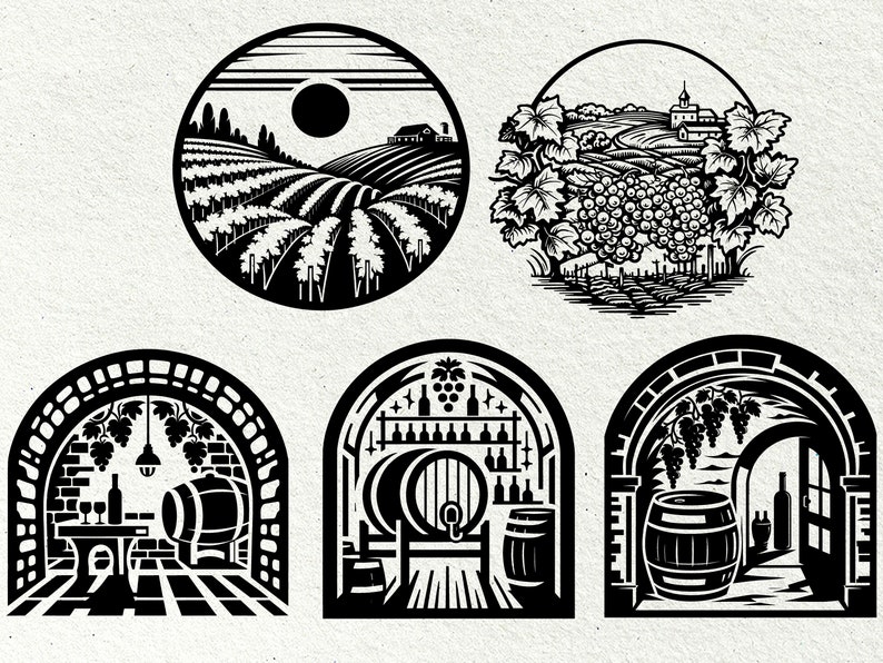 Op de afbeelding: Zwart-wit illustraties van wijnmaaksc&egrave;nes. De eerste afbeelding toont een wijngaard met een boerderij in de verte. De tweede afbeelding toont een wijngaard met druiven en een kerk in de verte. De derde afbeelding toont een wijnkelder met vaten en flessen. De vierde afbeelding toont een wijnkelder met vaten en een deur. De vijfde afbeelding toont een wijnkelder met vaten en een deur.