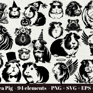 Op de afbeelding: Een verzameling van 94 zwart-witte silhouetbeelden van cavia's in verschillende poses en met verschillende accessoires. De cavia's dragen hoeden, zonnebrillen en engelenvleugels. Sommige houden pompoenen en bloemen vast.