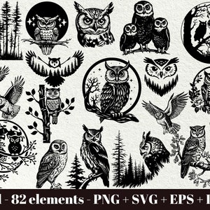 May include: A collection of 82 black and white owl illustrations, including owls in trees, owls with stars, owls with flowers, and owls flying. The illustrations are perfect for crafting, scrapbooking, and other creative projects.