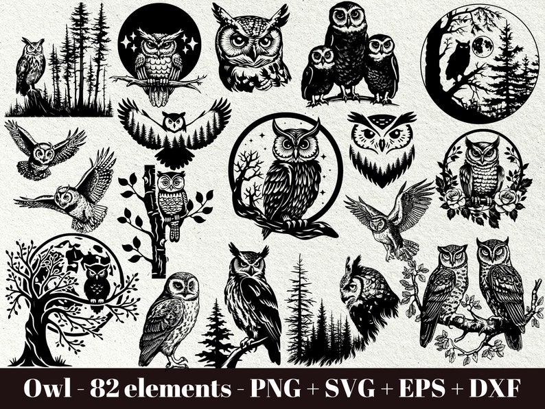 Może przedstawiać: Kolekcja 82 czarno-białych ilustracji s&oacute;w, w tym sowy na drzewach, sowy z gwiazdami, sowy z kwiatami i sowy w locie. Ilustracje idealnie nadają się do rękodzieła, scrapbookingu i innych projekt&oacute;w kreatywnych.
