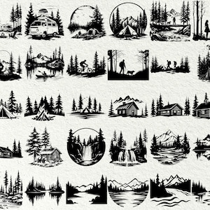 K&ouml;nnte beinhalten: Eine Sammlung von 20 Schwarzwei&szlig;illustrationen, die verschiedene Outdoor-Szenen darstellen, darunter Camping, Wandern und Natur. Die Illustrationen zeigen Elemente wie Zelte, Lagerfeuer, H&uuml;tten, Berge, B&auml;ume und Fl&uuml;sse.