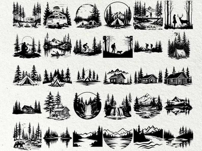 K&ouml;nnte beinhalten: Eine Sammlung von 20 Schwarzwei&szlig;illustrationen, die verschiedene Outdoor-Szenen darstellen, darunter Camping, Wandern und Natur. Die Illustrationen zeigen Elemente wie Zelte, Lagerfeuer, H&uuml;tten, Berge, B&auml;ume und Fl&uuml;sse.