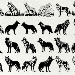 Peut inclure: Une collection de 20 illustrations de silhouettes de loups en noir et blanc. Les loups sont dans diverses poses, y compris debout, courant et hurlant. Les illustrations sont simples et &eacute;l&eacute;gantes, et seraient parfaites pour une utilisation dans une vari&eacute;t&eacute; de projets.