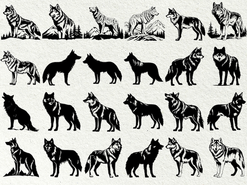 Peut inclure: Une collection de 20 illustrations de silhouettes de loups en noir et blanc. Les loups sont dans diverses poses, y compris debout, courant et hurlant. Les illustrations sont simples et &eacute;l&eacute;gantes, et seraient parfaites pour une utilisation dans une vari&eacute;t&eacute; de projets.