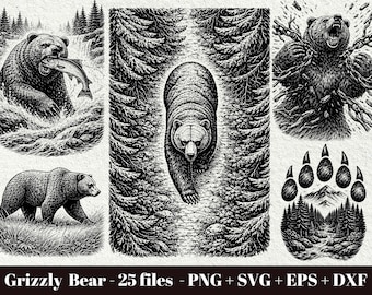 Grizzly Bear SVG Bundle / Roaring Bear Laser Engraving File / Woodland Wildlife Scene PNG (25 files) (Digital Download - Commercial Use)