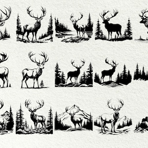 May include: A collection of 10 black and white silhouette illustrations of deer in various poses, standing in a forest setting. The deer are all facing forward with their antlers visible. The illustrations are set against a background of trees and foliage.