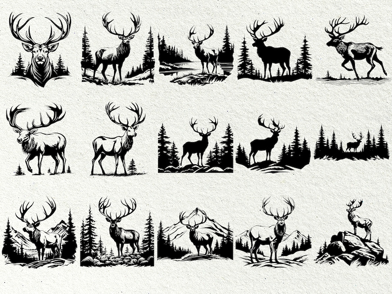 May include: A collection of 10 black and white silhouette illustrations of deer in various poses, standing in a forest setting. The deer are all facing forward with their antlers visible. The illustrations are set against a background of trees and foliage.