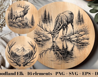 Woodland Elk SVG Bundle, Elk Laser Engraving File, Forest Landscape Digital Download (16 files)
