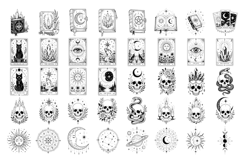 Puede incluir: Una colecci&oacute;n de ilustraciones de arte lineal en blanco y negro con motivos m&iacute;sticos y celestiales. El conjunto incluye cartas del tarot, calaveras, cristales, lunas, soles, planetas, serpientes y libros con detalles como estrellas y flores.