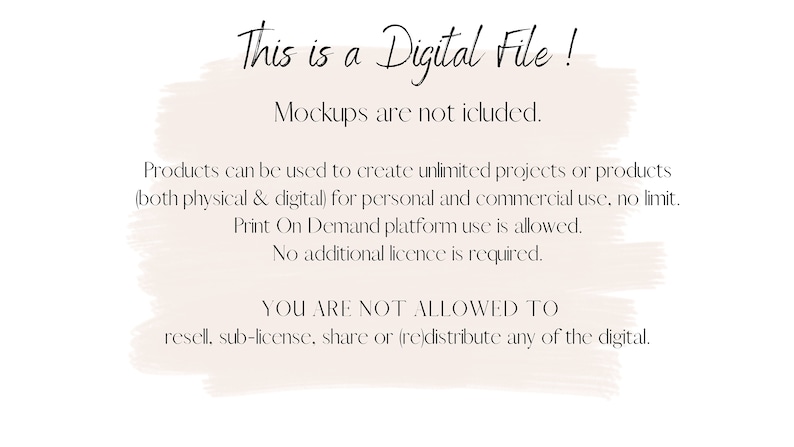 May include: White background with text in a script font that reads "This is a Digital File!". Additional text states that mockups are not included and details usage rights for personal and commercial projects. Print on demand is allowed.