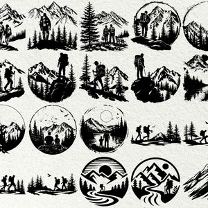 May include: A collection of black and white illustrations featuring mountain landscapes and hikers. The images depict various scenes of people hiking, with mountains and trees in the background. Some are circular, others rectangular.