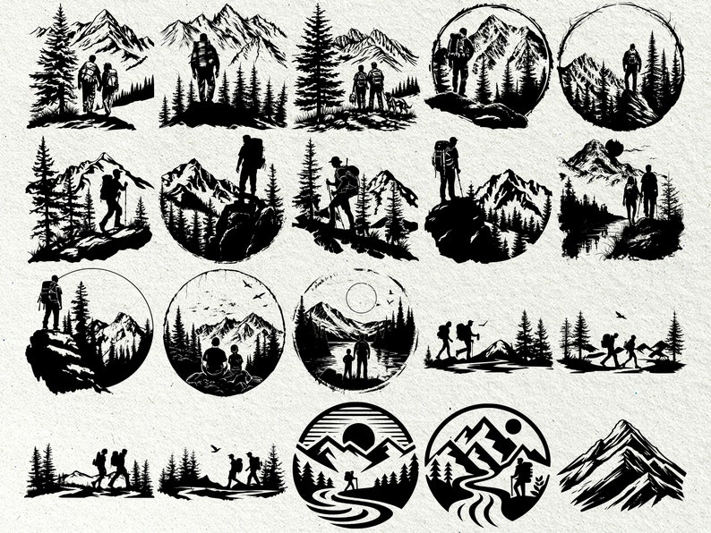 May include: A collection of black and white illustrations featuring mountain landscapes and hikers. The images depict various scenes of people hiking, with mountains and trees in the background. Some are circular, others rectangular.