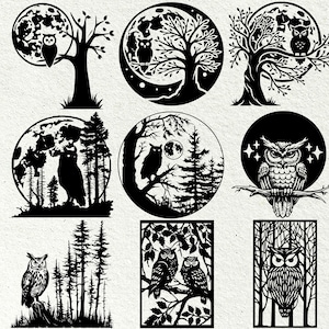 Może przedstawiać: Zestaw dziewięciu czarno-białych ilustracji cyfrowych przedstawiających sowy w r&oacute;żnych sceneriach, w tym drzewa, lasy i księżyce. Sowy są przedstawione w stylizowanym, graficznym stylu projektowania.