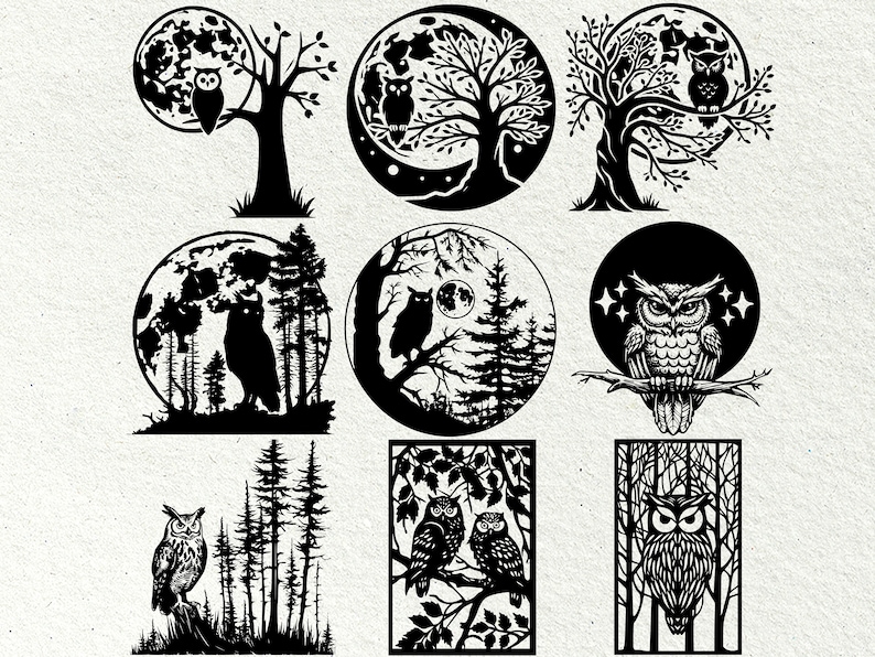 Może przedstawiać: Zestaw dziewięciu czarno-białych ilustracji cyfrowych przedstawiających sowy w r&oacute;żnych sceneriach, w tym drzewa, lasy i księżyce. Sowy są przedstawione w stylizowanym, graficznym stylu projektowania.