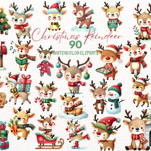 Clipart di renne di Natale carine / Clipart di renne di Natale ad acquerello / Clipart di acquerello di Natale carine / Clipart di animali del bosco