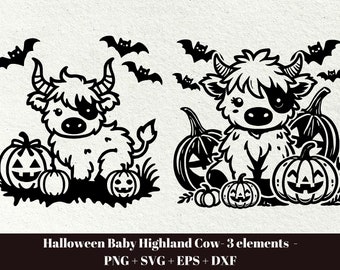 Pacchetto SVG di vitellina Highland per Halloween / File di mucca carina per Cricut / Mucca pipistrello zucca PNG (3 file) (Download digitale - Uso commerciale)