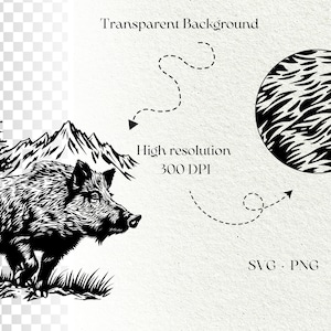 May include: Black and white line art illustration of a wild boar walking through a mountain landscape. The boar is facing the left side of the image. The illustration is set against a transparent background.