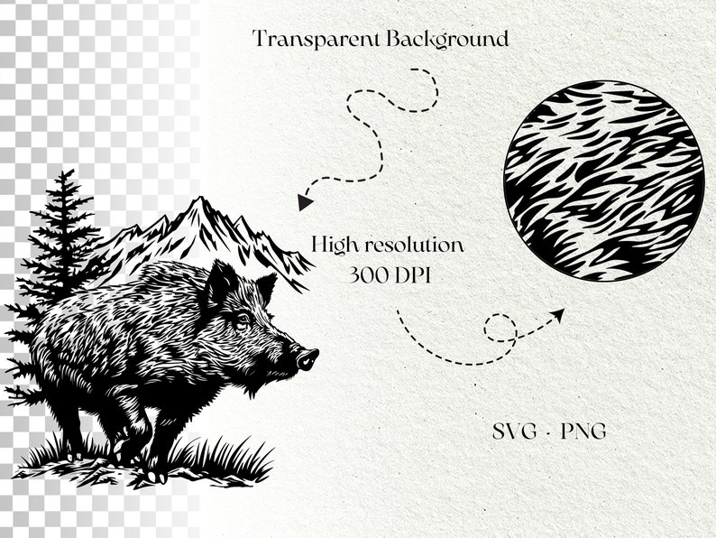 May include: Black and white line art illustration of a wild boar walking through a mountain landscape. The boar is facing the left side of the image. The illustration is set against a transparent background.