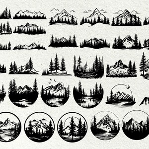 K&ouml;nnte beinhalten: Eine Sammlung von 20 Schwarzwei&szlig;illustrationen von Bergen, B&auml;umen und Seen. Die Illustrationen sind in verschiedenen Stilen gehalten, einige sind einfach, andere detaillierter. Die Illustrationen eignen sich perfekt f&uuml;r die Verwendung im Scrapbooking, zur Kartenherstellung oder f&uuml;r andere Bastelprojekte.