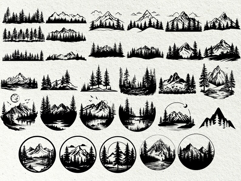 K&ouml;nnte beinhalten: Eine Sammlung von 20 Schwarzwei&szlig;illustrationen von Bergen, B&auml;umen und Seen. Die Illustrationen sind in verschiedenen Stilen gehalten, einige sind einfach, andere detaillierter. Die Illustrationen eignen sich perfekt f&uuml;r die Verwendung im Scrapbooking, zur Kartenherstellung oder f&uuml;r andere Bastelprojekte.