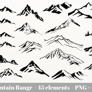 Puede incluir: Un conjunto de 45 ilustraciones de siluetas de cordilleras en blanco y negro. Las ilustraciones son de varios tamaños y estilos, incluyendo picos individuales, cordilleras y montañas con árboles.