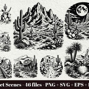 Op de afbeelding: Een verzameling zwart-wit woestijnillustraties met saguaro-cactussen, rotsachtige berglandschappen, een stierenschedel, een nachtscène met maanlicht, spoorrails en een rustiek gebouw. De tekst onderaan luidt: Deset Scenes - 46 files - PNG + SVG + EPS + DXF.