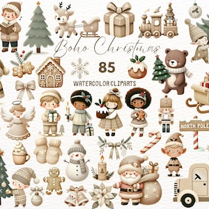 May include: A set of 85 watercolour Christmas clipart illustrations in a boho style. The illustrations feature a variety of characters, objects, and symbols, including Santa Claus, elves, reindeer, a gingerbread house, a snowman, a Christmas tree, and a train. The illustrations are all in a warm, earthy colour palette.