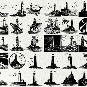 May include: A collection of 25 black and white illustrations of lighthouses. The illustrations feature various scenes, including lighthouses on rocky islands, lighthouses with whales, lighthouses with palm trees, and lighthouses with boats. The illustrations are perfect for use in a variety of creative projects, such as scrapbooking, card making, and digital design.