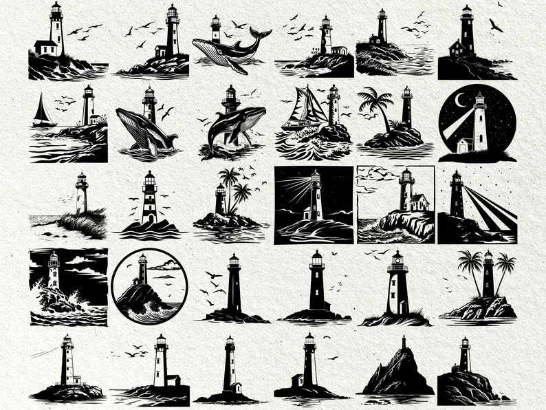 May include: A collection of 25 black and white illustrations of lighthouses. The illustrations feature various scenes, including lighthouses on rocky islands, lighthouses with whales, lighthouses with palm trees, and lighthouses with boats. The illustrations are perfect for use in a variety of creative projects, such as scrapbooking, card making, and digital design.