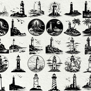 May include: A collection of 30 black and white illustrations of lighthouses. Each lighthouse is depicted in a different style, with some featuring additional elements like waves, boats, palm trees, and seagulls. The illustrations are perfect for use in digital or physical projects.