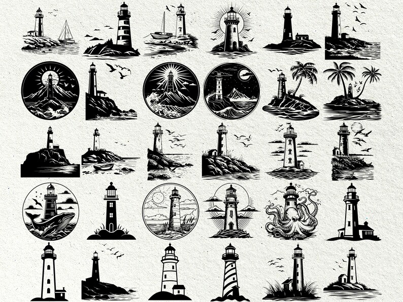 May include: A collection of 30 black and white illustrations of lighthouses. Each lighthouse is depicted in a different style, with some featuring additional elements like waves, boats, palm trees, and seagulls. The illustrations are perfect for use in digital or physical projects.